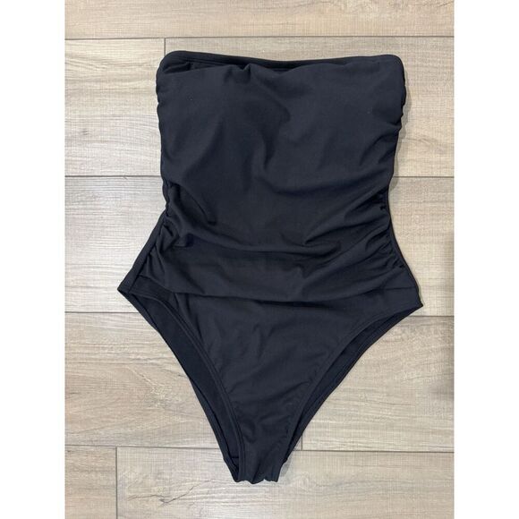 Shade & Shore Black One Piece Shirred Ribbed Bandeau Cheeky Swimsuit M 8 10 - Picture 4 of 6